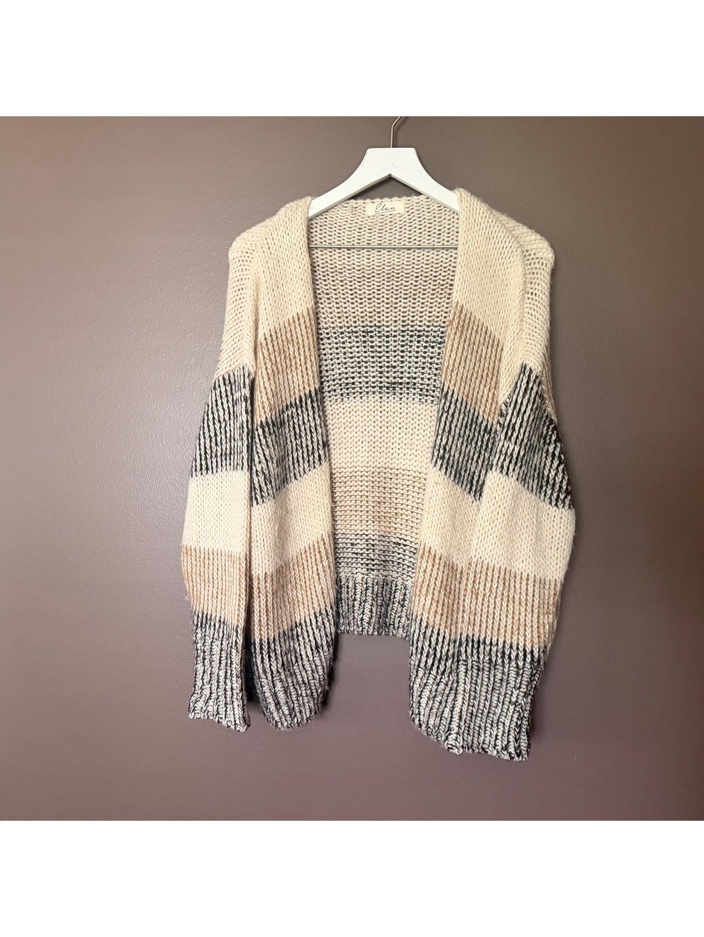 Elan Chunky Knit Striped Open Front Cardigan Cream Taupe Charcoal Oversized
